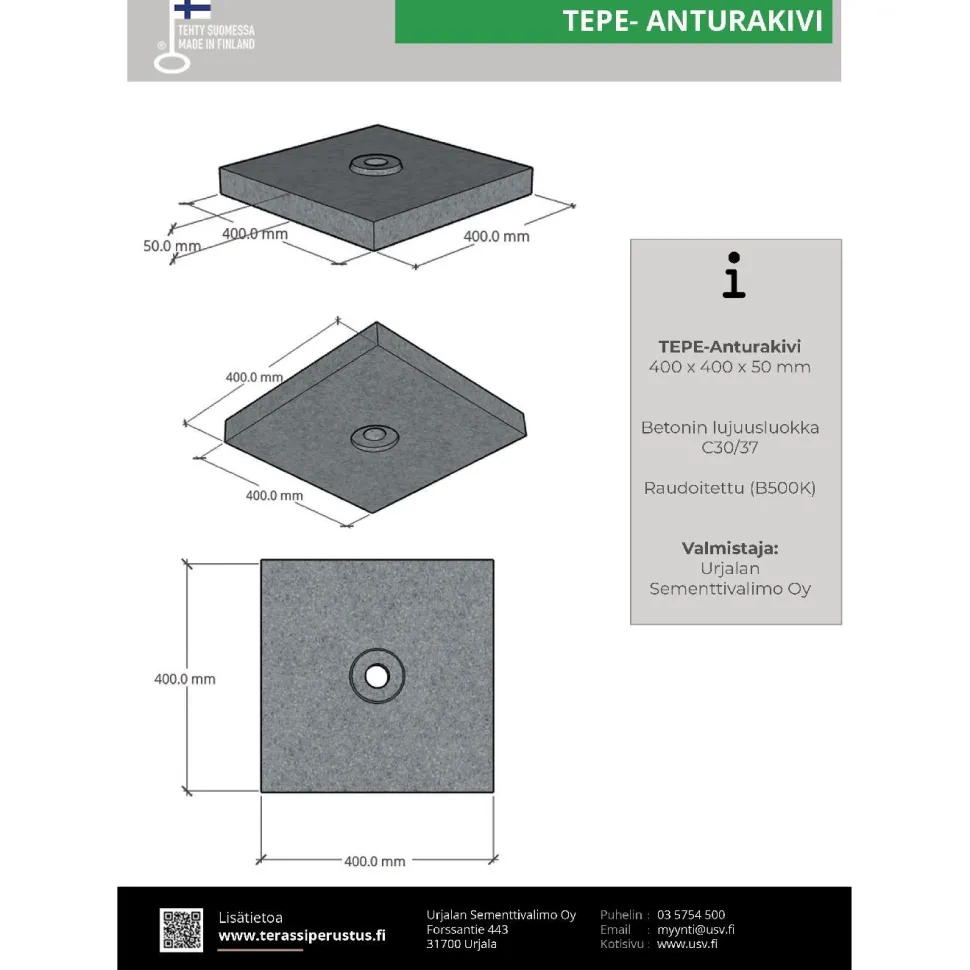Anturakivi TEPE 400x400x50 mm ponttirakenteella harmaa