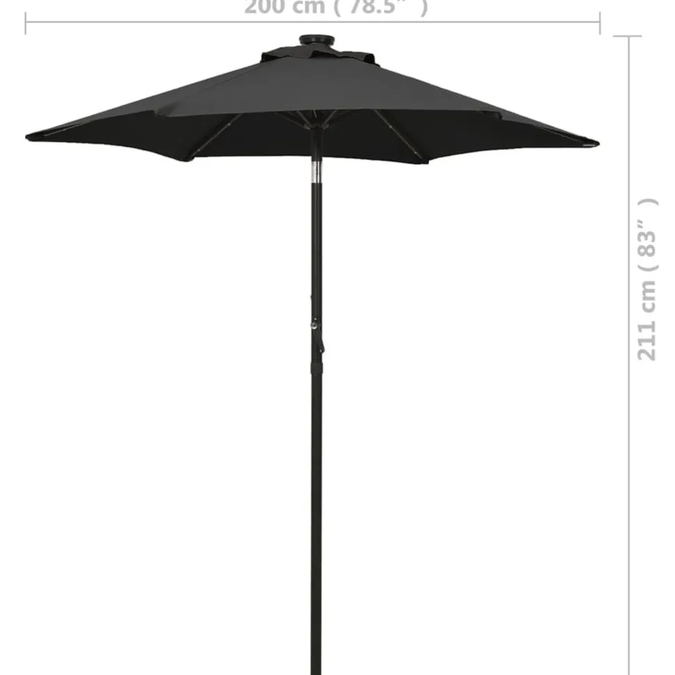 Aurinkovarjo LED-valolla 200x211 cm alumiini musta