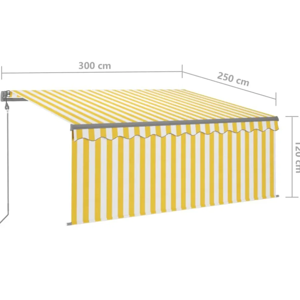 Automaattisesti kelautuva markiisi verhoilla 3x2,5 msininen/valkoinen