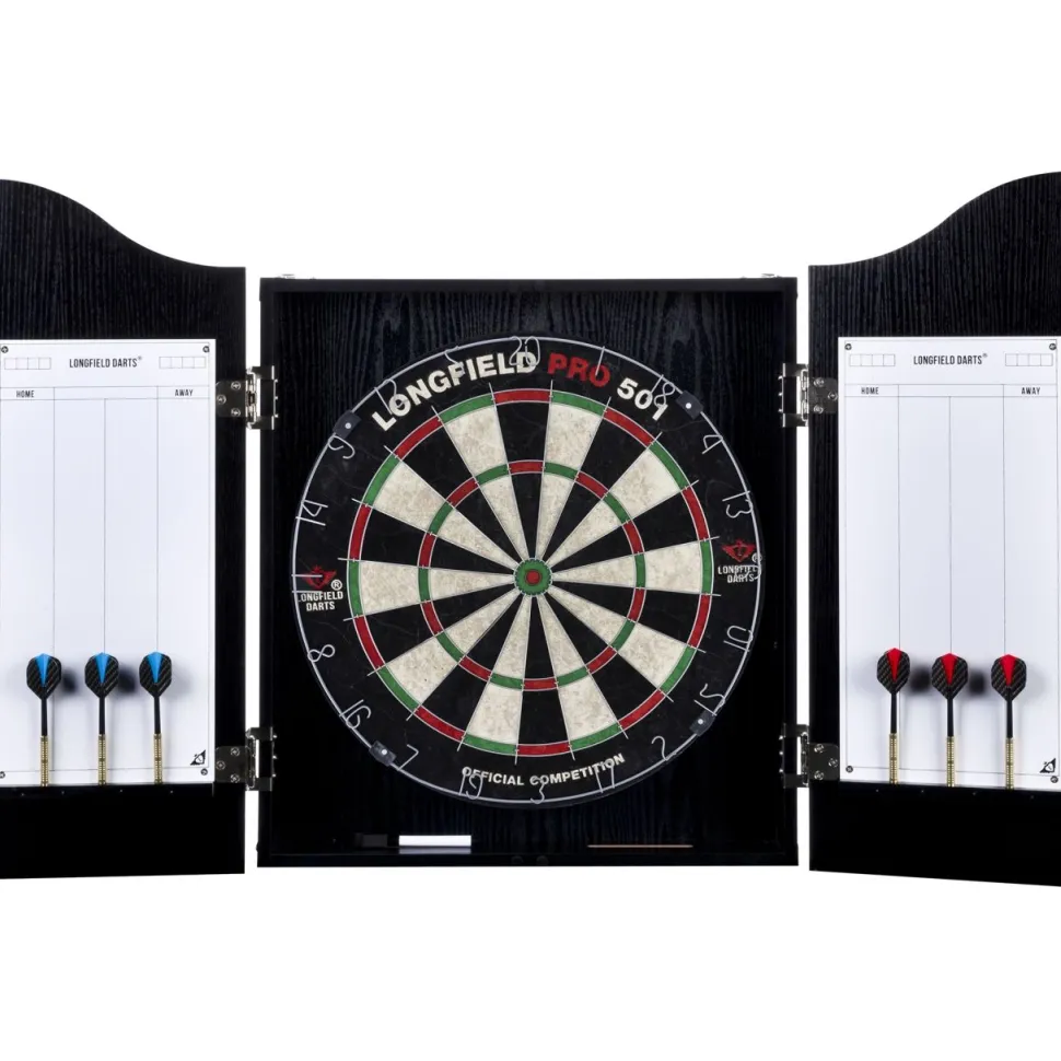 Darts-setti Longfield, taulu, kaappi ja tikat, musta