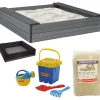 Hiekkalaatikko istuimilla Nordic Play 24x120x120cm komposiitti sis, verkko 240 kg hiekkaa ja sininen hiekkalelusetti
