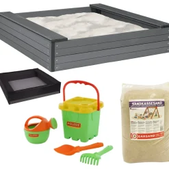 Hiekkalaatikko istuimilla Nordic Play 24x120x120cm komposiitti sis, verkko 240 kg hiekkaa ja vihreä hiekkalelusetti