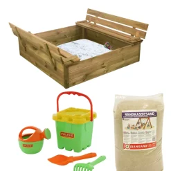 Hiekkalaatikko Nordic Play 120x120cm kanneksi taittuvat penkit sis, 240kg hiekkaa ja vihreä hiekkalelusetti