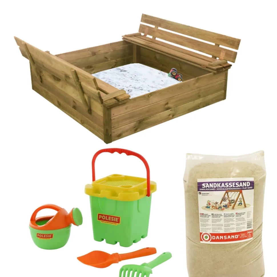 Hiekkalaatikko Nordic Play 120x120cm kanneksi taittuvat penkit sis, 240kg hiekkaa ja vihreä hiekkalelusetti