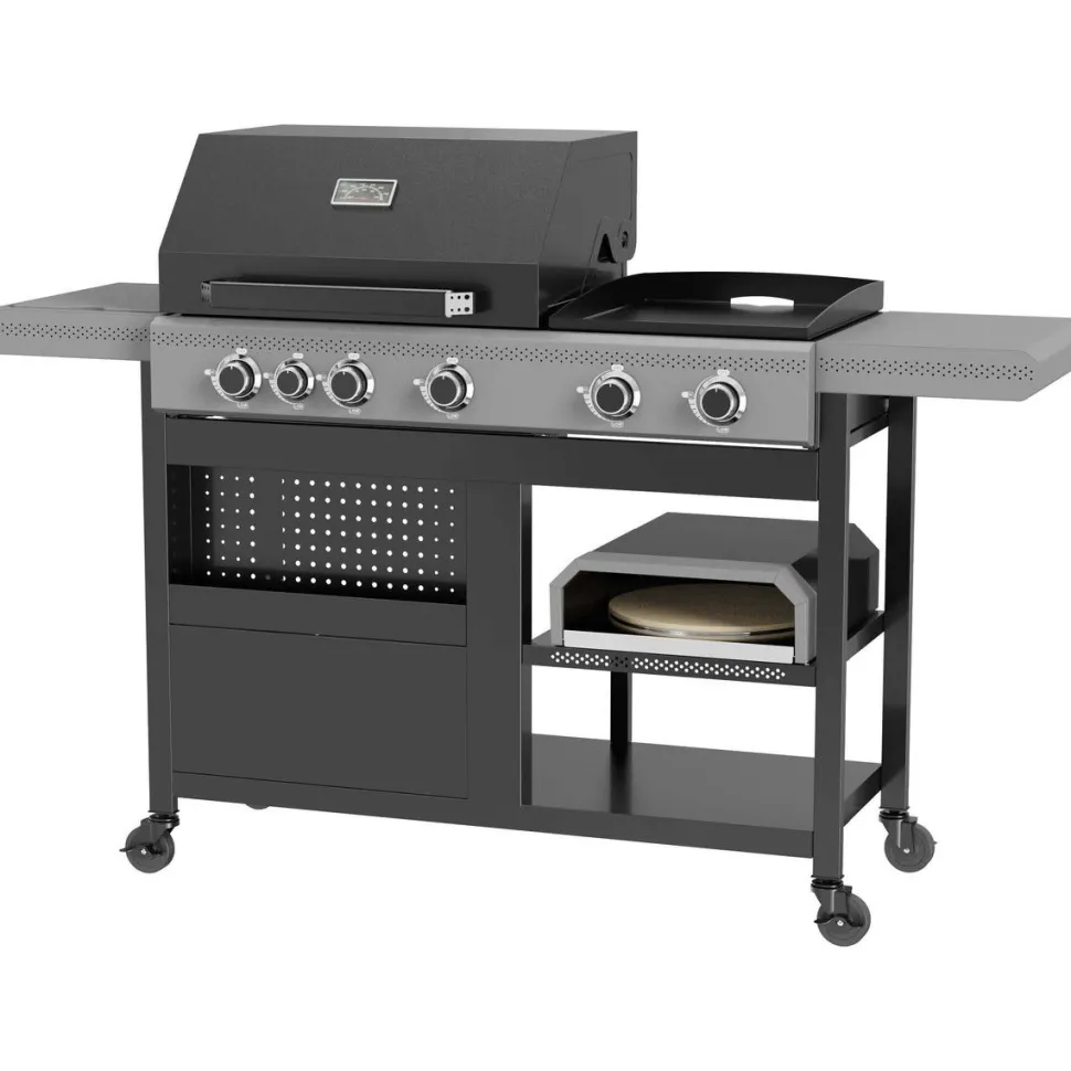 Kaasugrilli Easy Cooking 3in1, 5 poltinta, sivukeitin, plancha, pizzauuni, musta