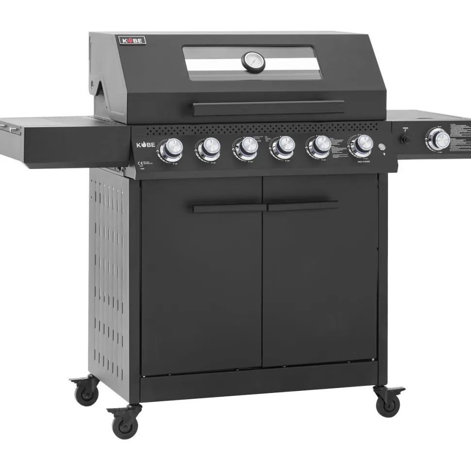 Kaasugrilli Kobe Premium 6+1, 5 poltinta, sivukeitin, Sear-poltin, lasikansi, musta