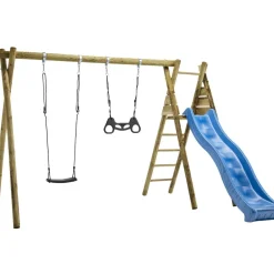 Keinuteline Nordic Play sis, keinuistuin trapetsikeinu keinukiinnikket ja sininen liukumäki