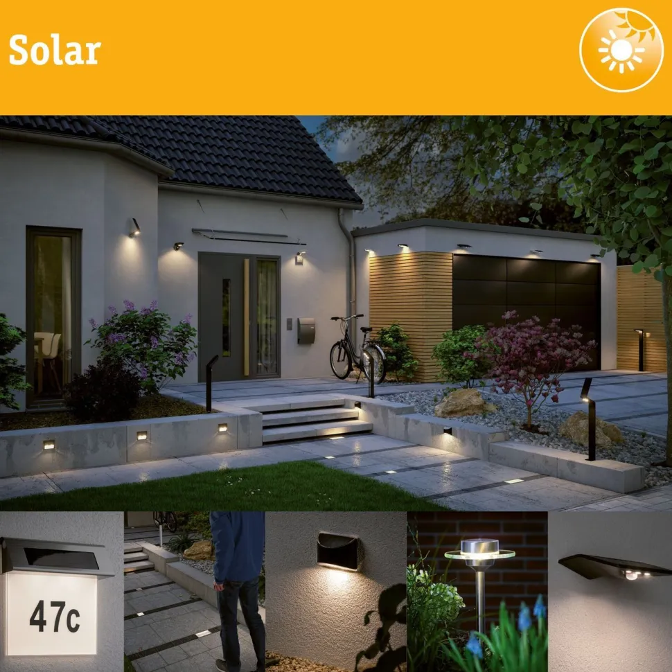 Lattiavalaisin aurinkokennolla Paulmann Pauleen Solar Elegance, IP44, 3000K, musta/harmaa