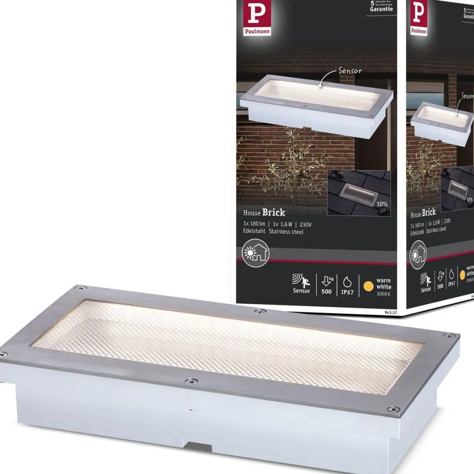 LED-terassivalaisin liiketunnistimella Paulmann Brick, IP67, 20x10cm, 3000K, alumiini