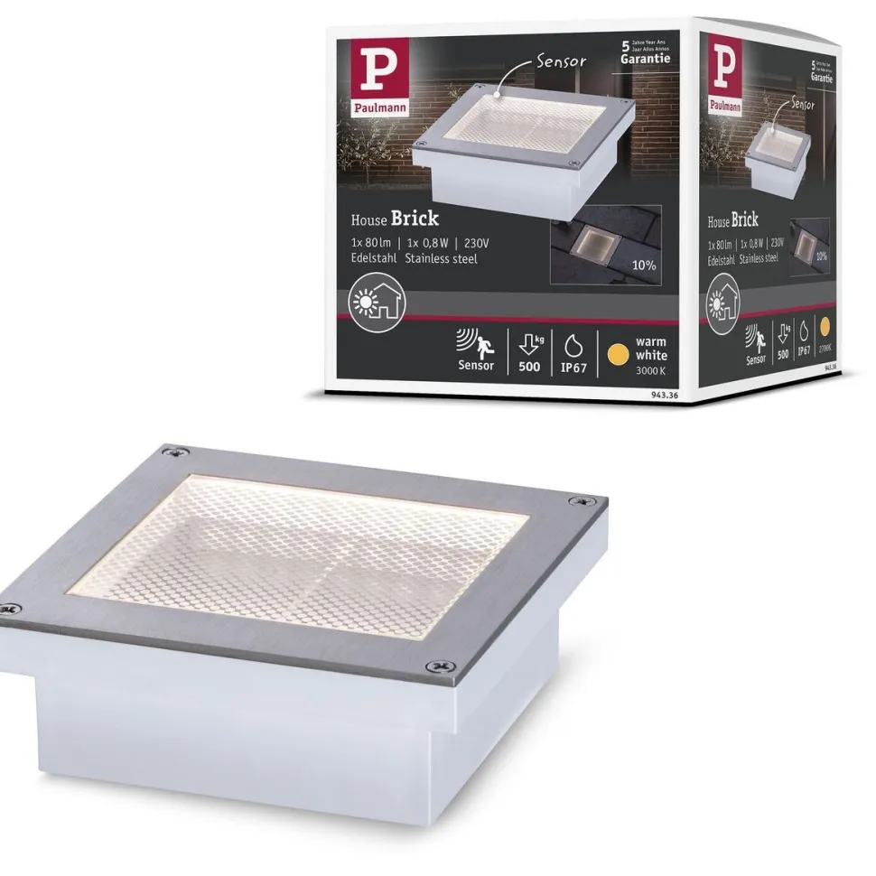 LED-terassivalaisin liiketunnistimella Paulmann Brick, IP67, 10x10cm, 3000K, alumiini