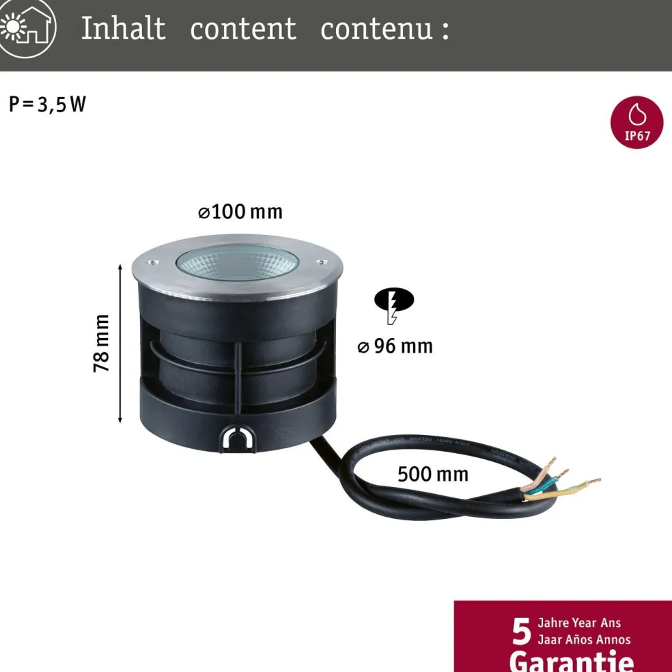LED-terassivalaisin Paulmann Vanea, IP67, 10cm, 3000K, korroosionkestävä, alumiini