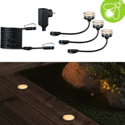 LED-terassivalaisinsarja Paulmann Plug & Shine Floor, IP67, 2200K, 3x2W, hopea