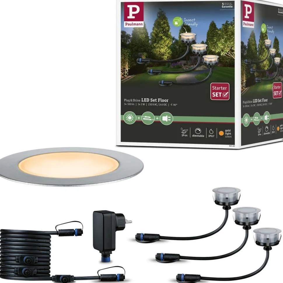 LED-terassivalaisinsarja Paulmann Plug & Shine Floor, IP67, 2200K, 3x2W, hopea