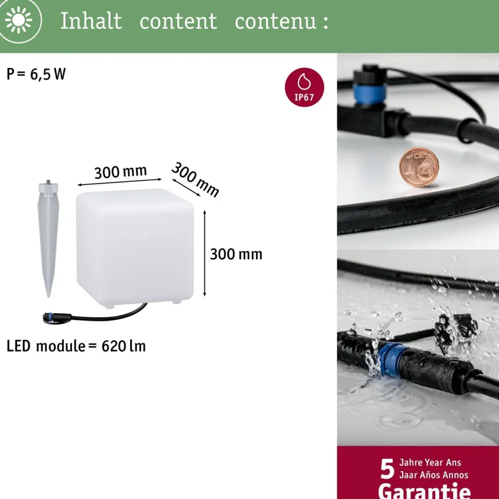 LED-ulkovalaisin Paulmann Plug & Shine Cube, IP67, 3000K, valkoinen