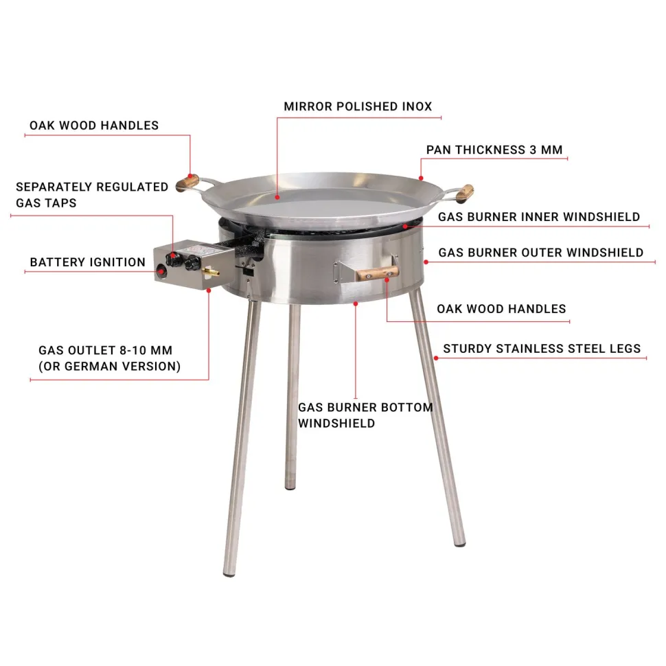 Paellasetti GrillSymbol PRO-580-INOX Ø58 cm D-400 kaasupoltin säädinletkusetti teräs