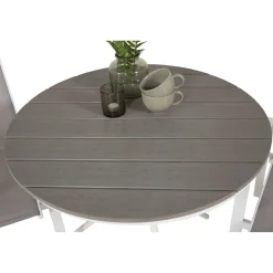 Parvekeryhmä Venture Home, ø90cm harmaa-valkoinen Parma-pöytä + 2 harmaa-valkoista, pinottavaa Copacabana-tuolia