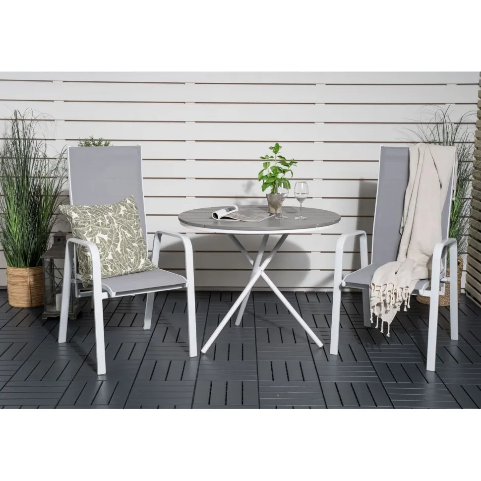 Parvekeryhmä Venture Home, ø90cm harmaa-valkoinen Parma-pöytä + 2 harmaa-valkoista, pinottavaa Copacabana-tuolia