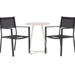 Parvekeryhmä Venture Home, ø60cm beige Bacong-pöytä + 2 mustaa, pinottavaa Copacabana-tuolia