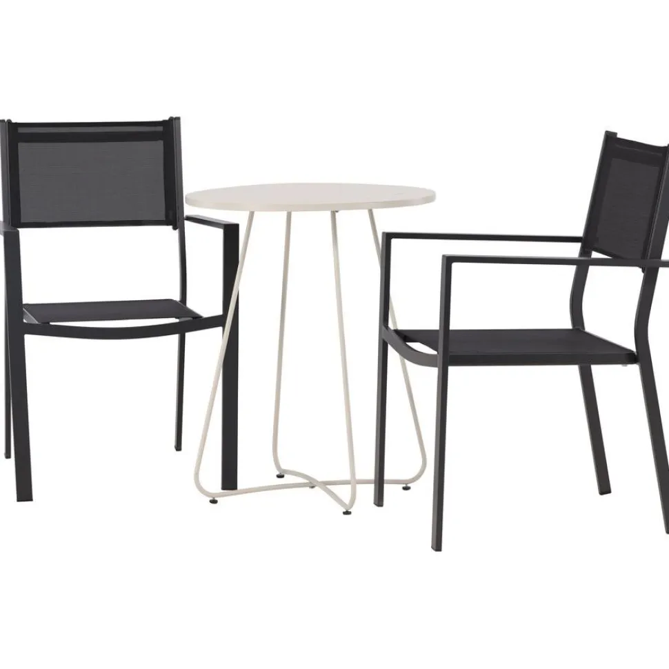 Parvekeryhmä Venture Home, ø60cm beige Bacong-pöytä + 2 mustaa, pinottavaa Copacabana-tuolia