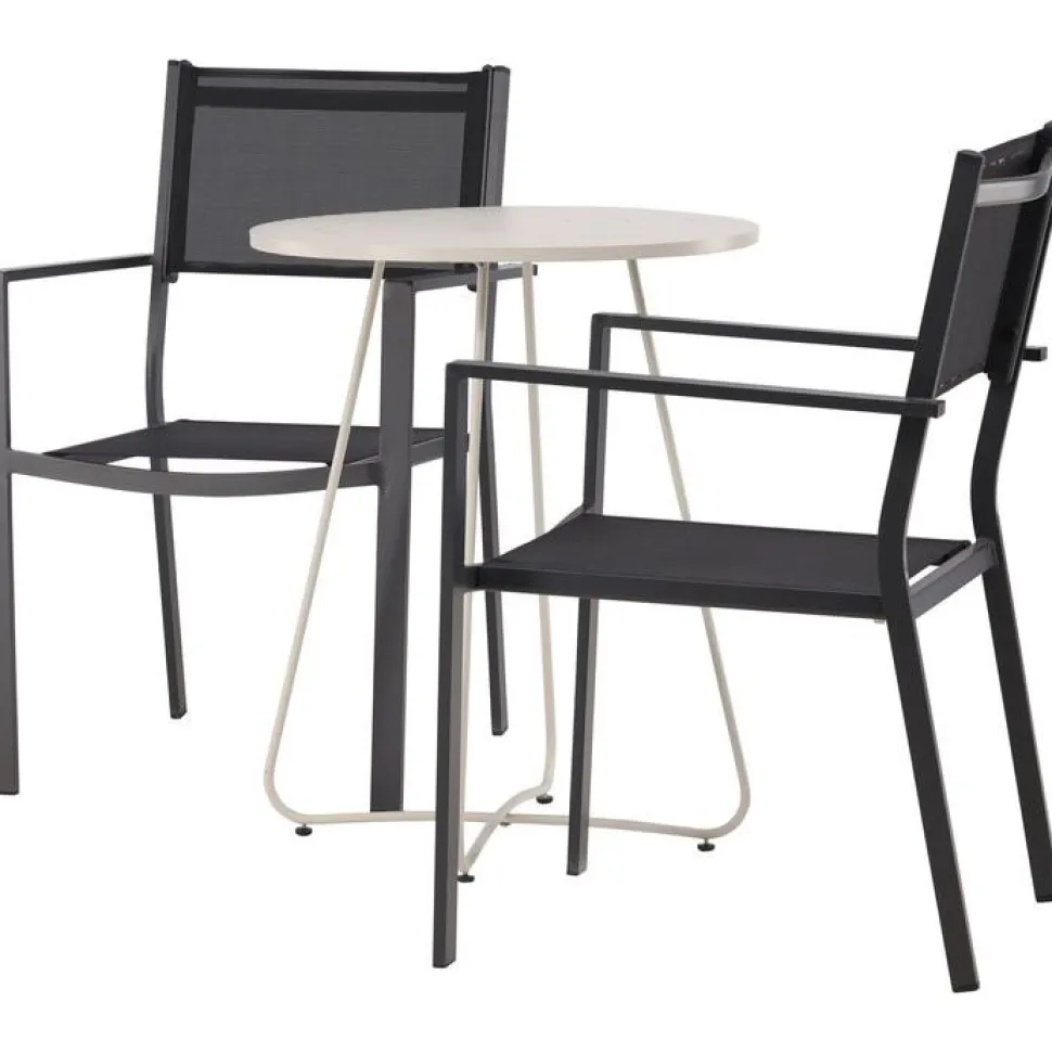Parvekeryhmä Venture Home, ø60cm beige Bacong-pöytä + 2 mustaa, pinottavaa Copacabana-tuolia