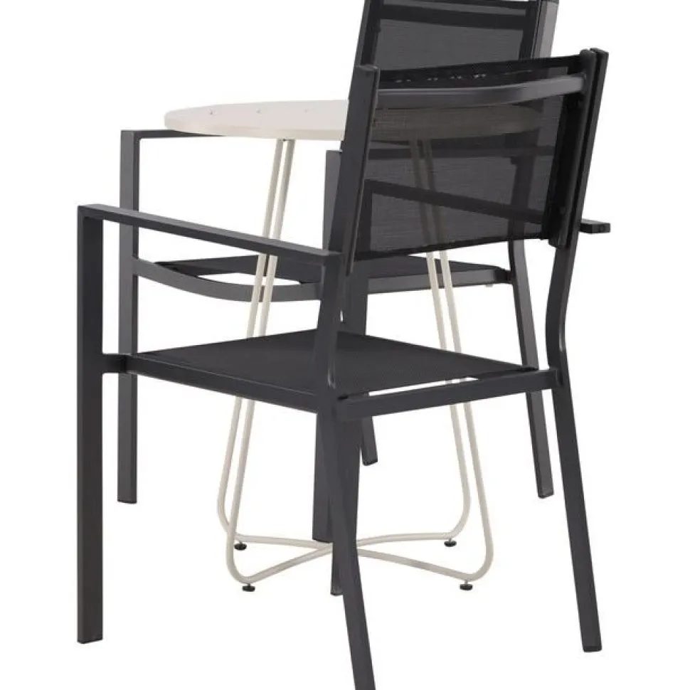 Parvekeryhmä Venture Home, ø60cm beige Bacong-pöytä + 2 mustaa, pinottavaa Copacabana-tuolia