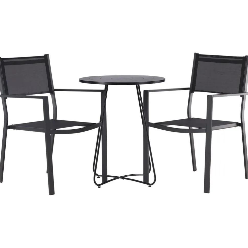 Parvekeryhmä Venture Home, ø60cm beige Bacong-pöytä + 2 mustaa, pinottavaa Copacabana-tuolia