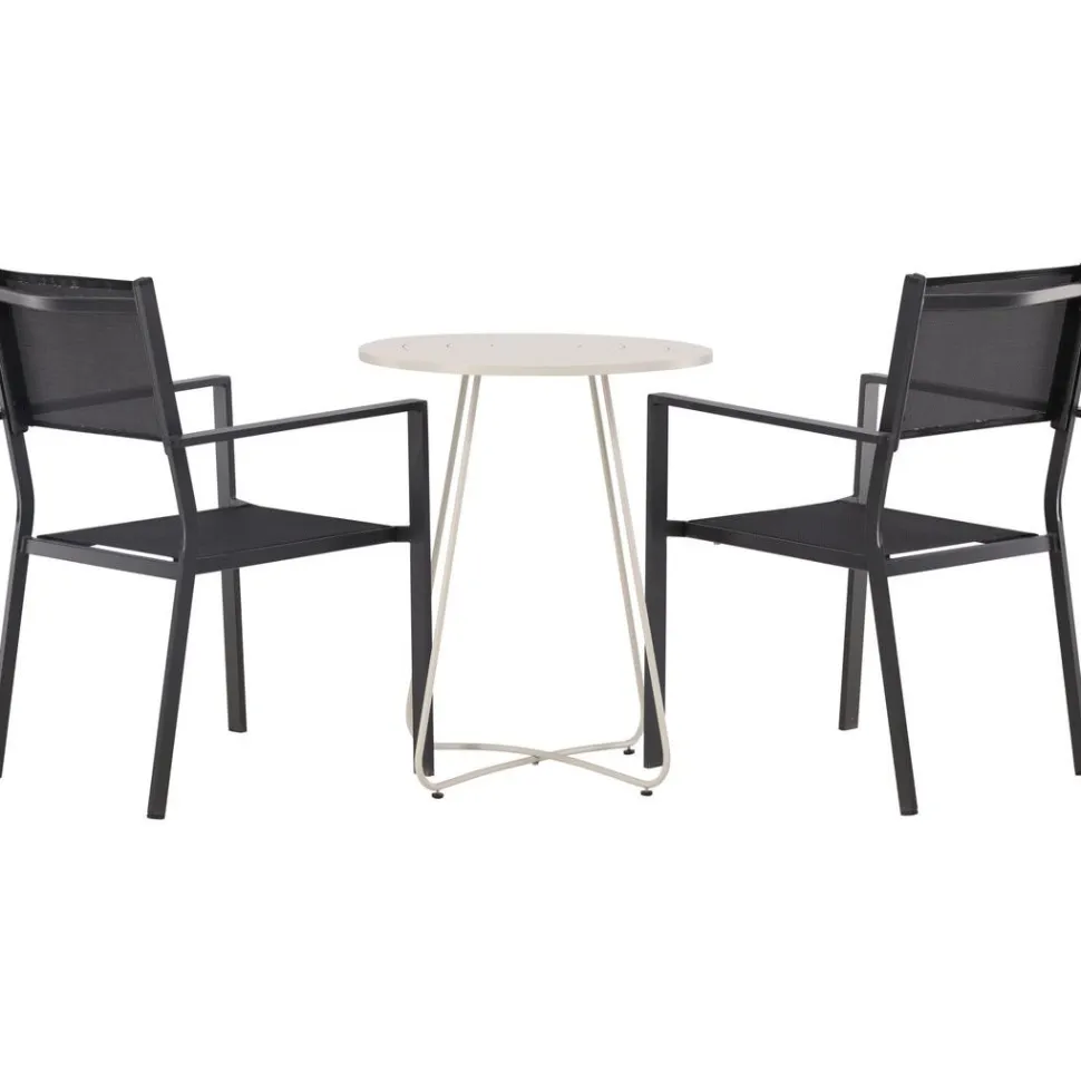 Parvekeryhmä Venture Home, ø60cm beige Bacong-pöytä + 2 mustaa, pinottavaa Copacabana-tuolia