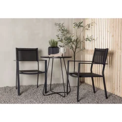 Parvekeryhmä Venture Home, ø60cm beige Bacong-pöytä + 2 mustaa, pinottavaa Copacabana-tuolia
