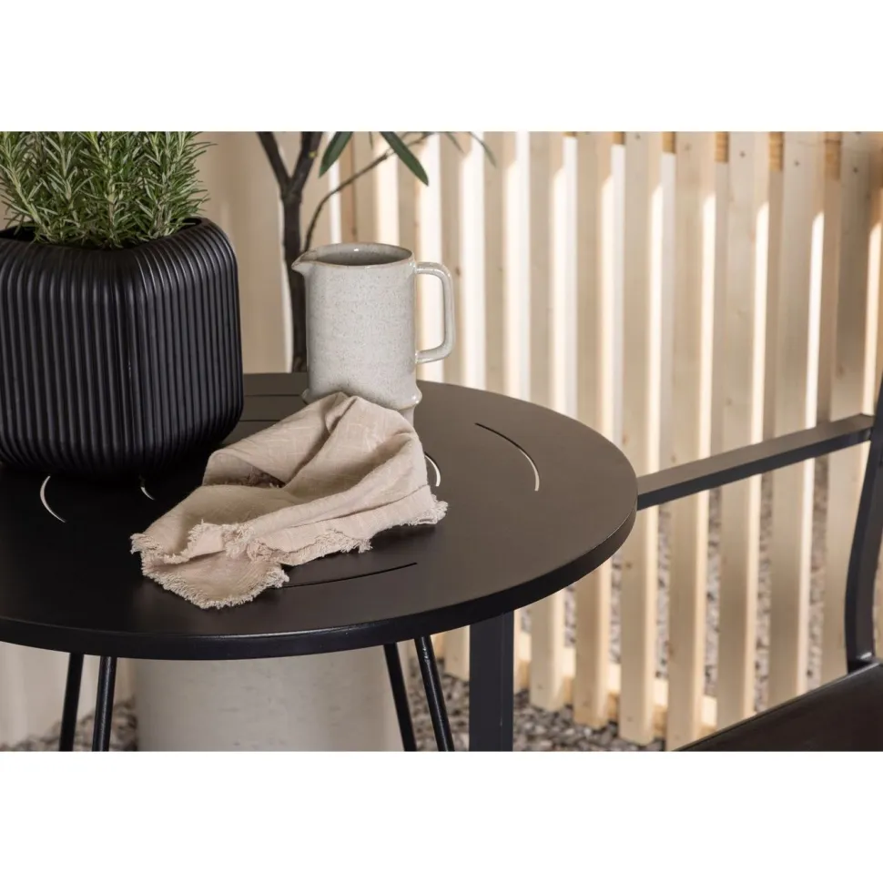 Parvekeryhmä Venture Home, ø60cm beige Bacong-pöytä + 2 mustaa, pinottavaa Copacabana-tuolia
