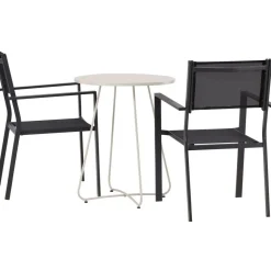 Parvekeryhmä Venture Home, ø60cm beige Bacong-pöytä + 2 mustaa, pinottavaa Copacabana-tuolia