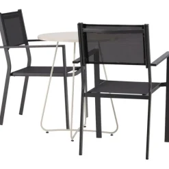 Parvekeryhmä Venture Home, ø60cm beige Bacong-pöytä + 2 mustaa, pinottavaa Copacabana-tuolia