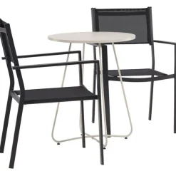 Parvekeryhmä Venture Home, ø60cm beige Bacong-pöytä + 2 mustaa, pinottavaa Copacabana-tuolia