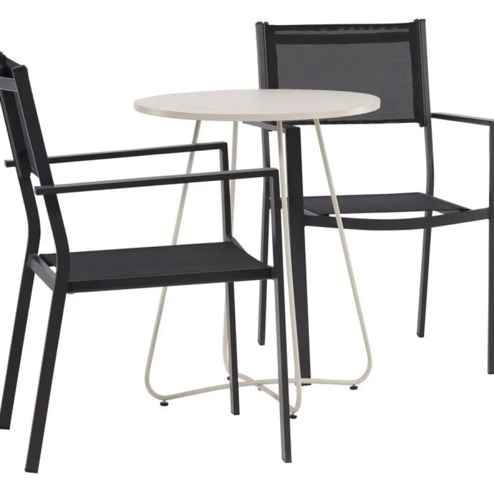 Parvekeryhmä Venture Home, ø60cm beige Bacong-pöytä + 2 mustaa, pinottavaa Copacabana-tuolia