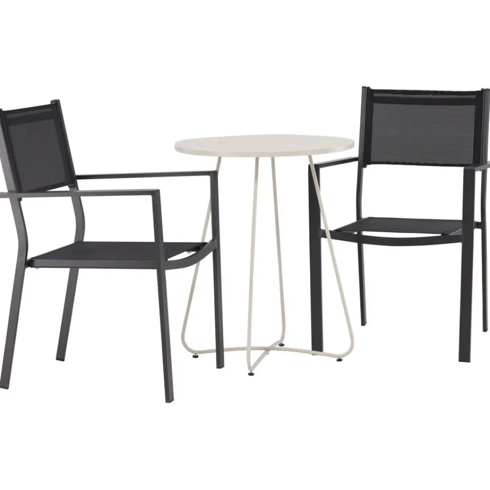 Parvekeryhmä Venture Home, ø60cm beige Bacong-pöytä + 2 mustaa, pinottavaa Copacabana-tuolia