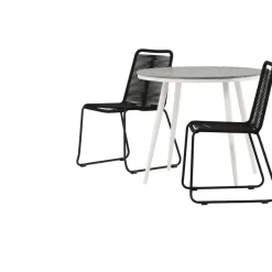 Parvekeryhmä Venture Home, ø90cm, harmaa/valkoinen Break-pöytä + 2 mustaa, pinottavaa Lindos-tuolia