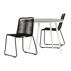 Parvekeryhmä Venture Home, ø90cm, harmaa/valkoinen Break-pöytä + 2 mustaa, pinottavaa Lindos-tuolia