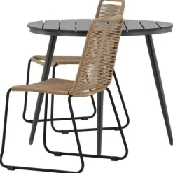 Parvekeryhmä Venture Home, ø90cm, harmaa/valkoinen Break-pöytä + 2 mustaa, pinottavaa Lindos-tuolia