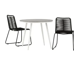 Parvekeryhmä Venture Home, ø90cm, harmaa/valkoinen Break-pöytä + 2 mustaa, pinottavaa Lindos-tuolia