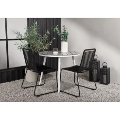Parvekeryhmä Venture Home, ø90cm, harmaa/valkoinen Break-pöytä + 2 mustaa, pinottavaa Lindos-tuolia