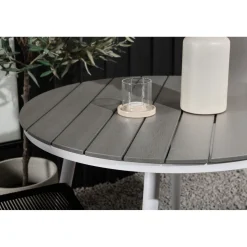 Parvekeryhmä Venture Home, ø90cm, harmaa/valkoinen Break-pöytä + 2 mustaa, pinottavaa Lindos-tuolia