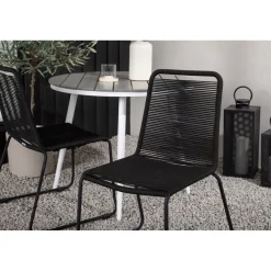 Parvekeryhmä Venture Home, ø90cm, harmaa/valkoinen Break-pöytä + 2 mustaa, pinottavaa Lindos-tuolia
