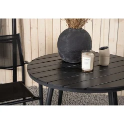 Parvekeryhmä Venture Home, ø90cm, musta Break-pöytä + 2 mustaa, pinottavaa Santorini-tuolia