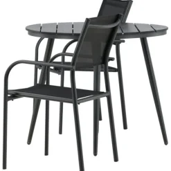 Parvekeryhmä Venture Home, ø90cm, musta Break-pöytä + 2 mustaa, pinottavaa Santorini-tuolia