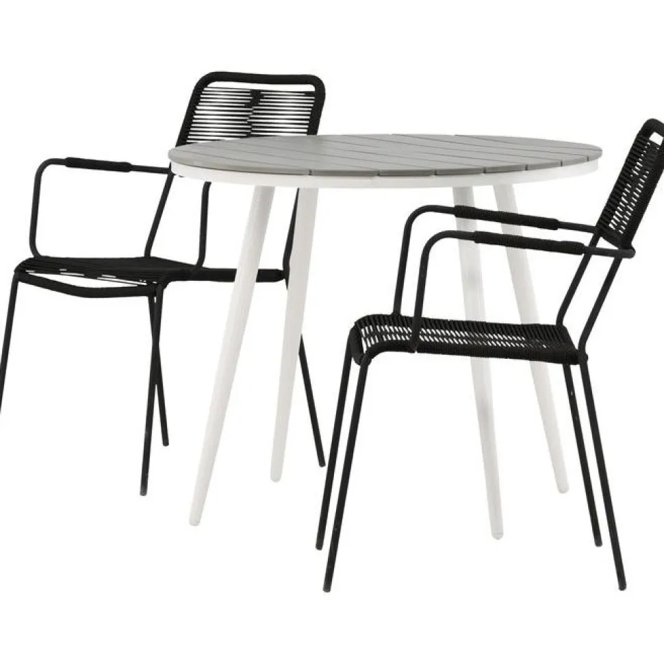 Parvekeryhmä Venture Home, ø90cm, musta Break-pöytä + 2 ruskeaa Lindos-tuolia, käsinojilla