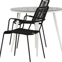 Parvekeryhmä Venture Home, ø90cm, musta Break-pöytä + 2 ruskeaa Lindos-tuolia, käsinojilla