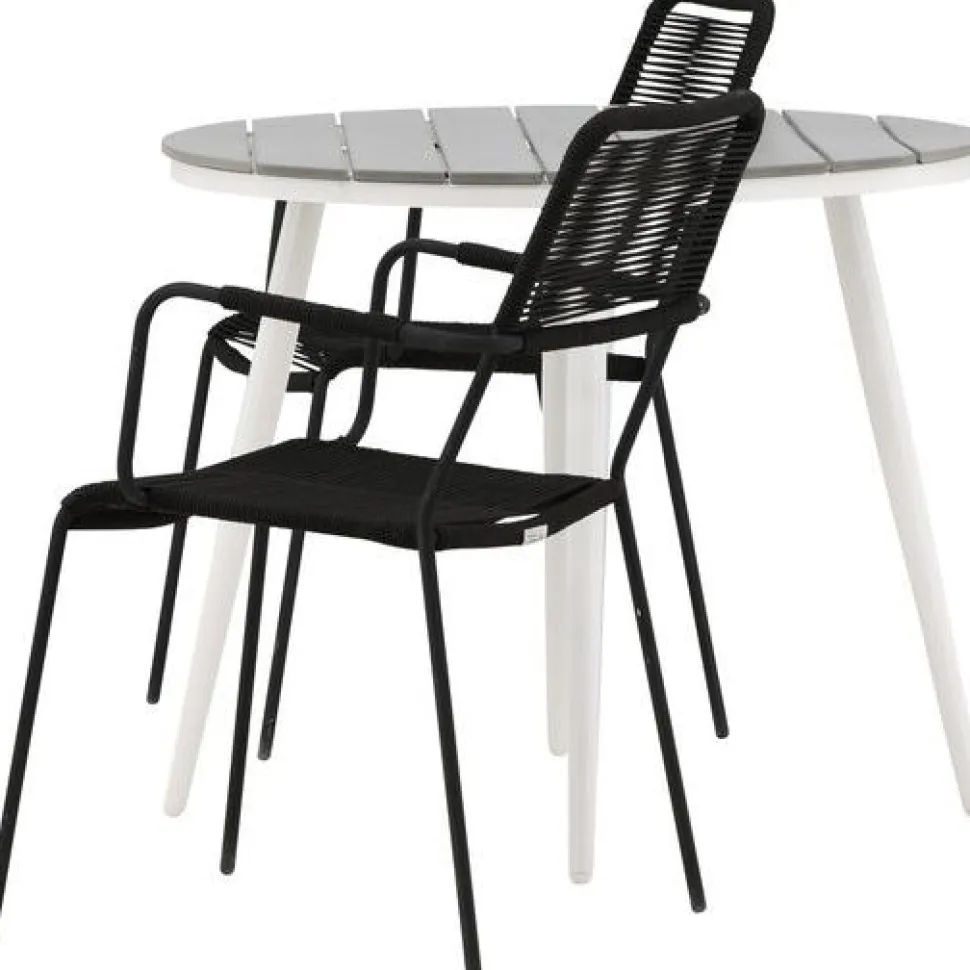 Parvekeryhmä Venture Home, ø90cm, musta Break-pöytä + 2 ruskeaa Lindos-tuolia, käsinojilla