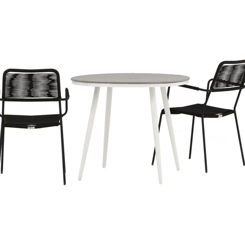 Parvekeryhmä Venture Home, ø90cm, musta Break-pöytä + 2 ruskeaa Lindos-tuolia, käsinojilla