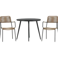 Parvekeryhmä Venture Home, ø90cm, musta Break-pöytä + 2 ruskeaa Lindos-tuolia, käsinojilla