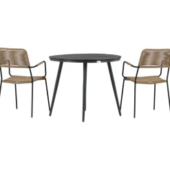 Parvekeryhmä Venture Home, ø90cm, musta Break-pöytä + 2 ruskeaa Lindos-tuolia, käsinojilla