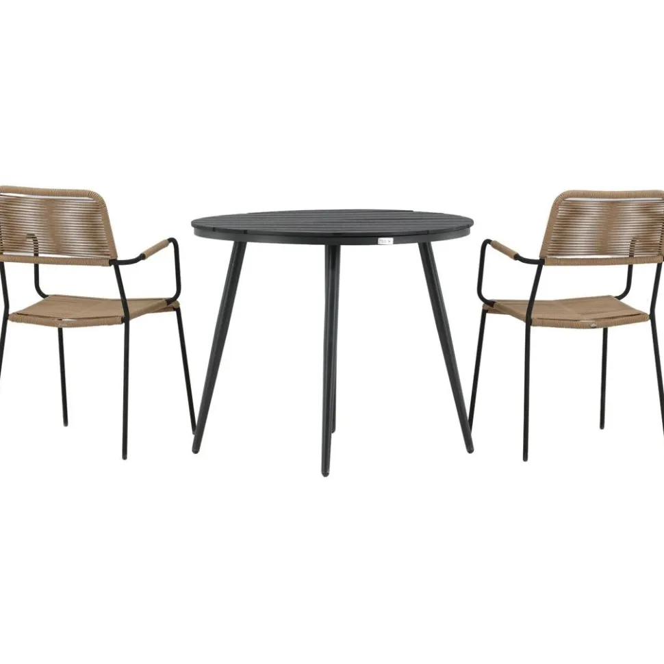 Parvekeryhmä Venture Home, ø90cm, musta Break-pöytä + 2 ruskeaa Lindos-tuolia, käsinojilla